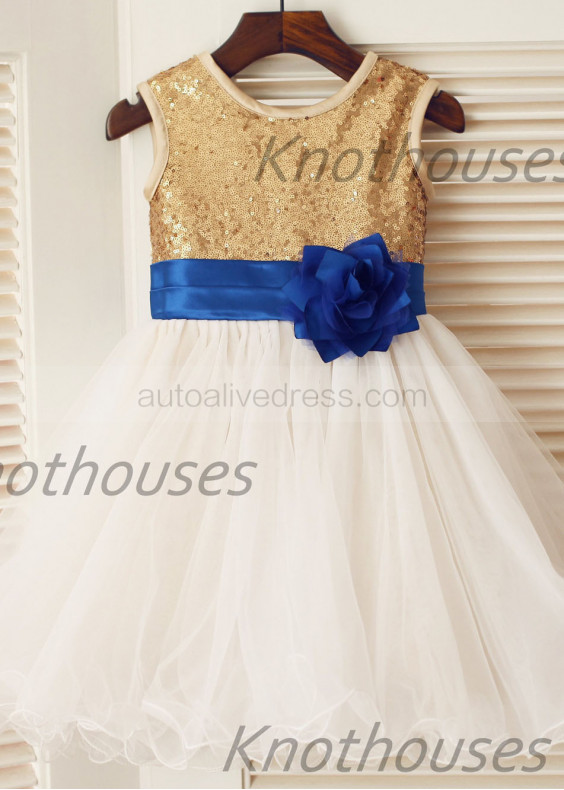 Gold Sequin Ivory Tulle With Royal Blue Flower Sash Knee Length Flower Girl Dress